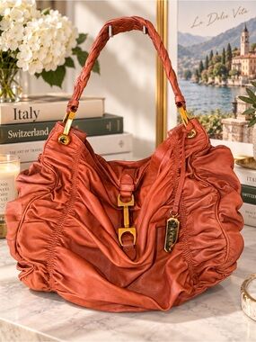Bally Nappa Lambskin Ruched Shoulder Bag Orange Coral Braided Handle | Vintage